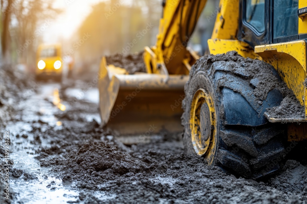 Muddy backhoe tire on a construction site. Illustrates heavy machinery and roadworks. Muddy backhoe tire on a construction site. Illustrates heavy machinery and roadworks.
