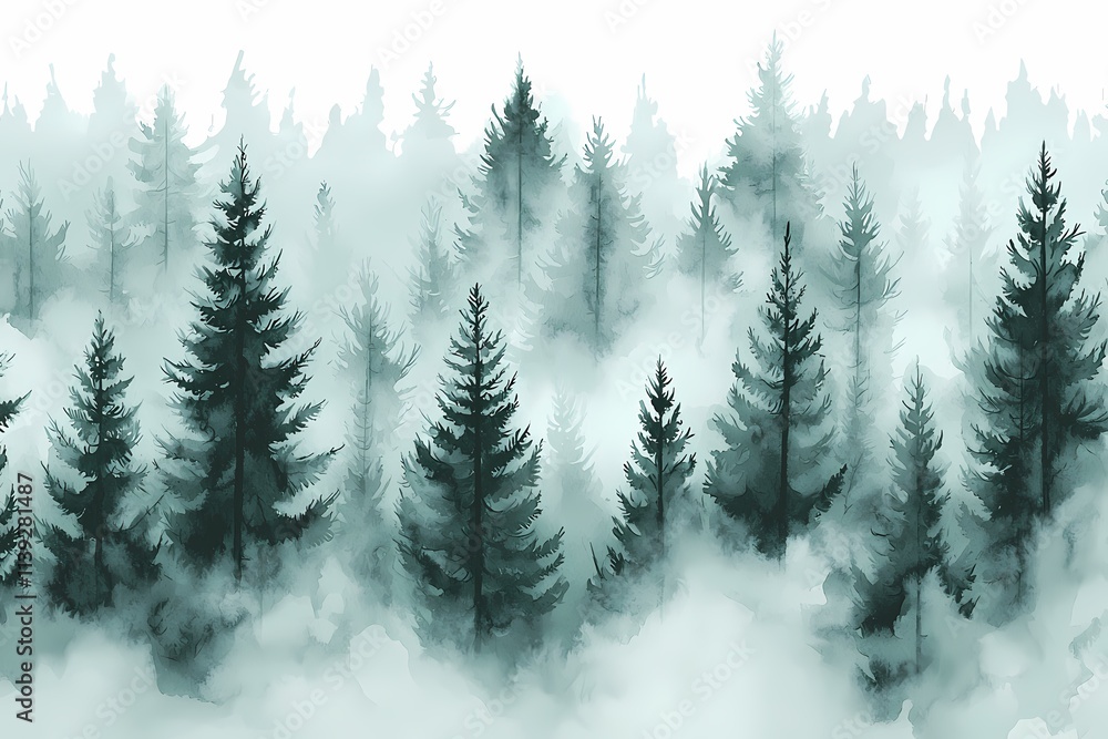 Obraz premium Misty Forest Landscape with Tall Pine Trees and Soft Fog