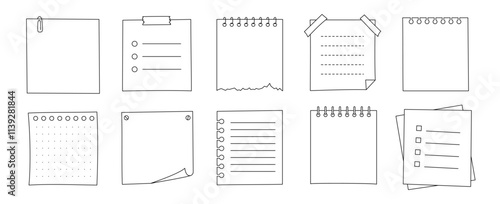 Memo frame note paper line sheet set. Notebook paper note frame for task list, to do list sticker sheet. Hand drawn sketch line style reminder sticker. Vector illustration.