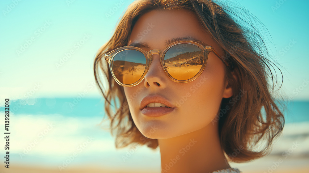 a model wearing trendy sunglasses at a sunny beach Eyewear ad, trendy sunglasses, summer vibes a model wearing trendy sunglasses at a sunny beach Eyewear ad, trendy sunglasses, summer vibes