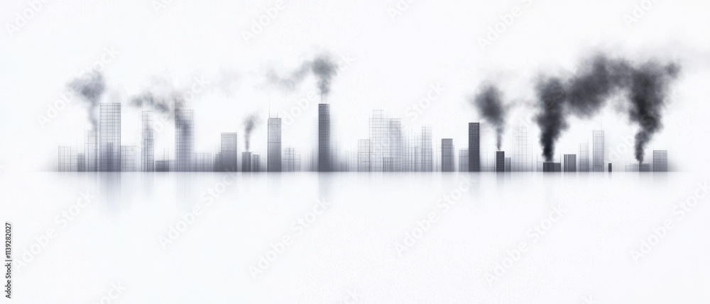Naklejka premium Futuristic city skyline with smoke and pollution effects, illustrating urban challenges