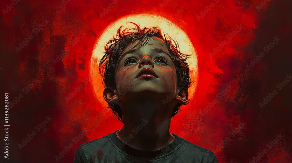 Fototapeta premium Innocence Lost: A Boy's Gaze into the Abyss