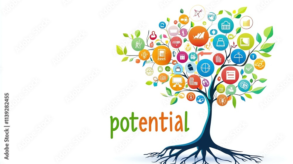 Obraz premium potential tree of growth potential showing icons of success potential for learning and achievement ,concept tree of learning and growth potential, symbolic tree of success and potential energy