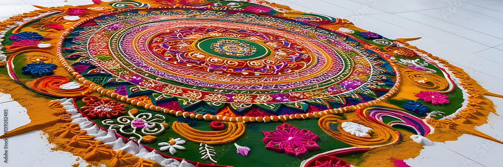 “Abstract Rangoli Pattern on Plain Background” – A stunning and colorful Rangoli design with floral and geometric patterns, created with powdered colors, displayed on a solid white background.
“Abstract Rangoli Pattern on Plain Background” – A stunning and colorful Rangoli design with floral and geometric patterns, created with powdered colors, displayed on a solid white background.