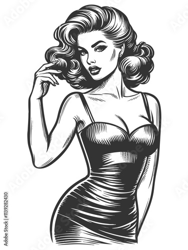 pin-up woman wearing a form-fitting tight dress, vintage fashion beauty sketch engraving generative ai fictional character vector illustration. Scratch board imitation. Black and white image.