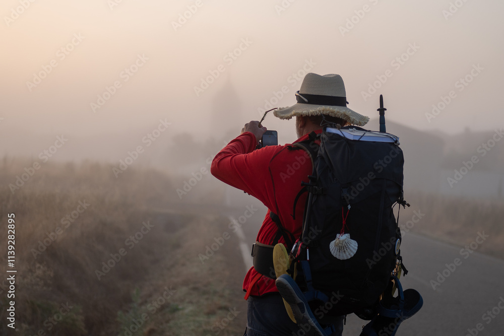 Sunset whit Pilgrims on the loneliest stage of the Camino de Santiago.