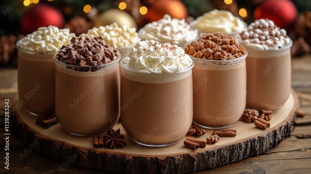 A variety of festive drinks topped with whipped cream and chocolate, displayed on a wooden board. A variety of festive drinks topped with whipped cream and chocolate, displayed on a wooden board.