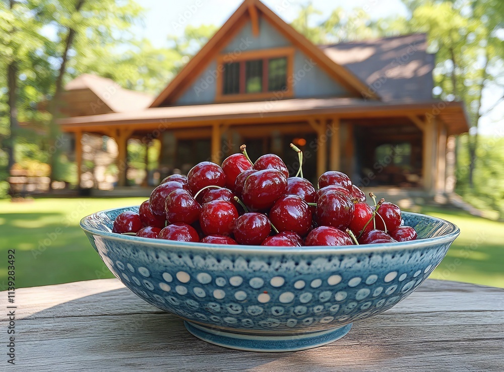 Exquisite Wooden House with Fresh Cherries on Table in Garden Lawn, Rustic Home Exterior, Natural Landscape, Outdoor Dining, Summer Fruit, Cozy Garden Setting. Exquisite Wooden House with Fresh Cherries on Table in Garden Lawn, Rustic Home Exterior, Natural Landscape, Outdoor Dining, Summer Fruit, Cozy Garden Setting.