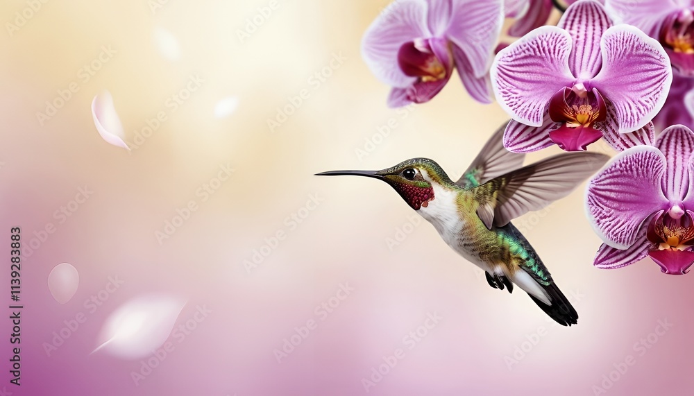 Naklejka premium Hummingbird with pink flower