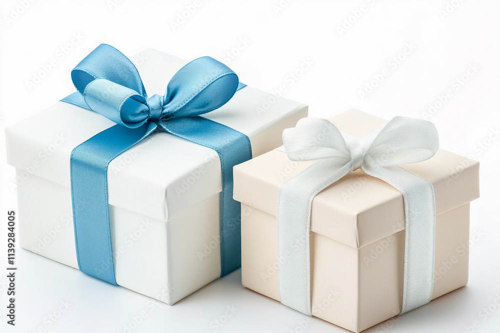 Obraz premium two gift boxes in white and blue tied with a bow on a white isolated background
