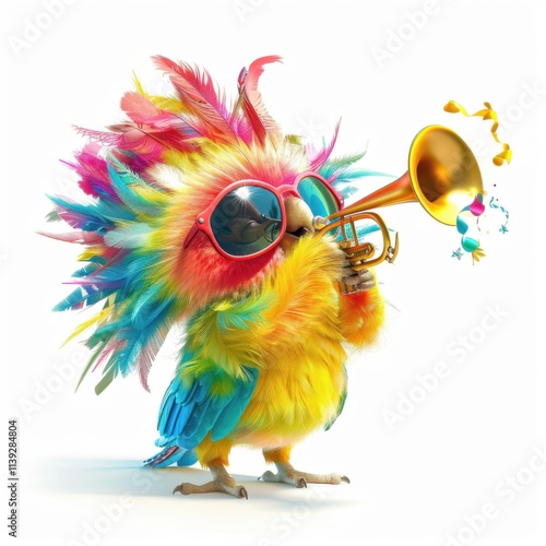 Colorful parrot with vibrant feathers plays trumpet in a whimsical, cheerful setting
