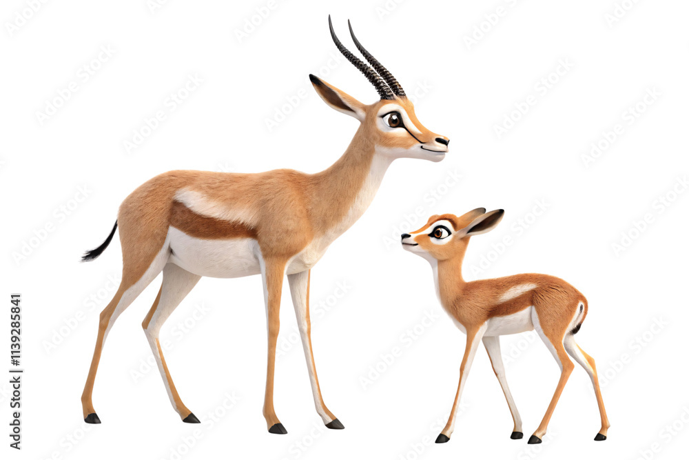 Obraz premium A pair of animated gazelles, the mother gazing proudly while the fawn looks up. Their sleek coats and vivid eyes depict grace and innocence, isolated on a transparent background