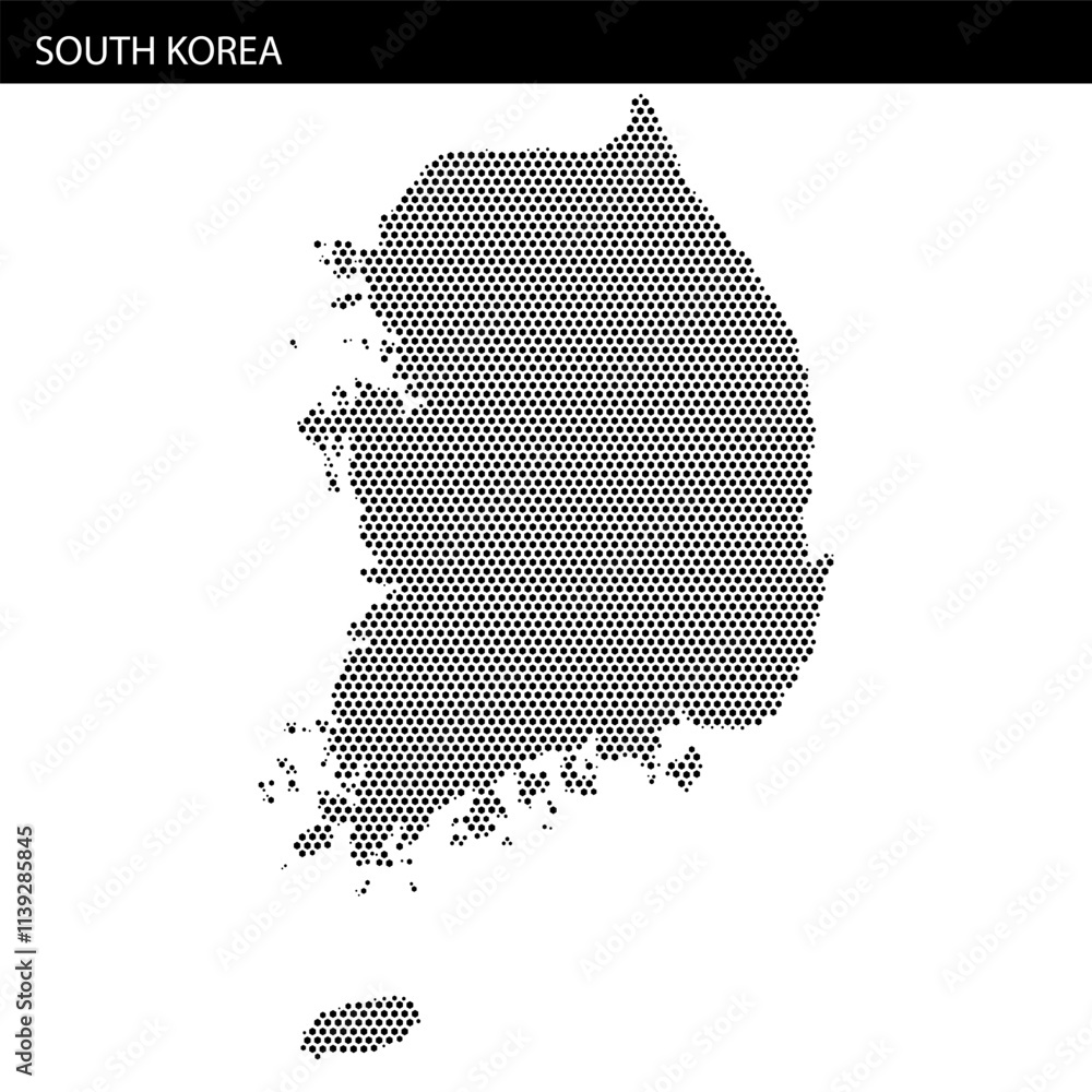 Fototapeta premium Map of South Korea highlighting the country’s geographical silhouette in hexagonal dotted design