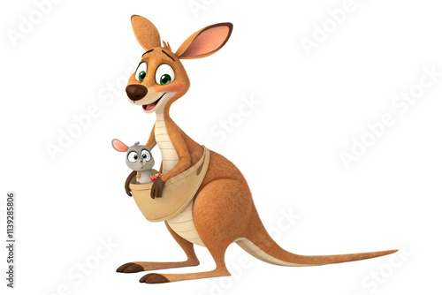 A mother kangaroo smiles warmly while holding a curious gray joey in her pouch. Their playful bond is captured in this cheerful animated scene, isolated on a transparent background photo