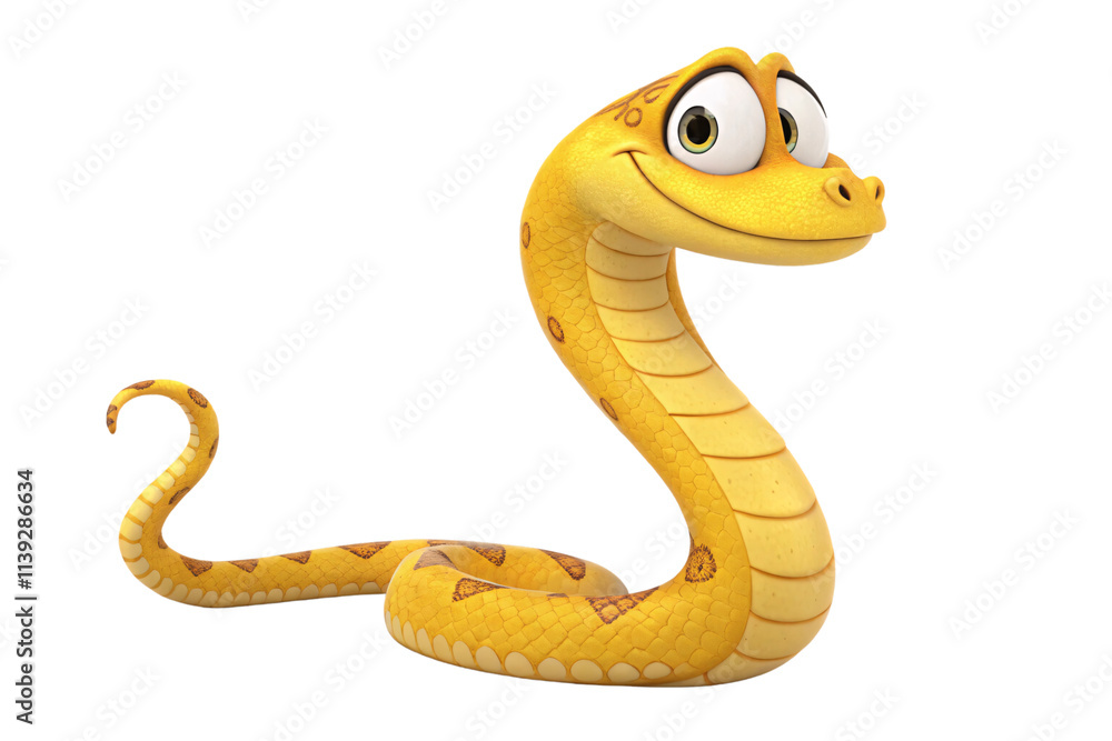 Fototapeta premium A smiling yellow snake with a detailed, patterned body and bright green eyes, radiating a playful and approachable demeanor, isolated on a transparent background