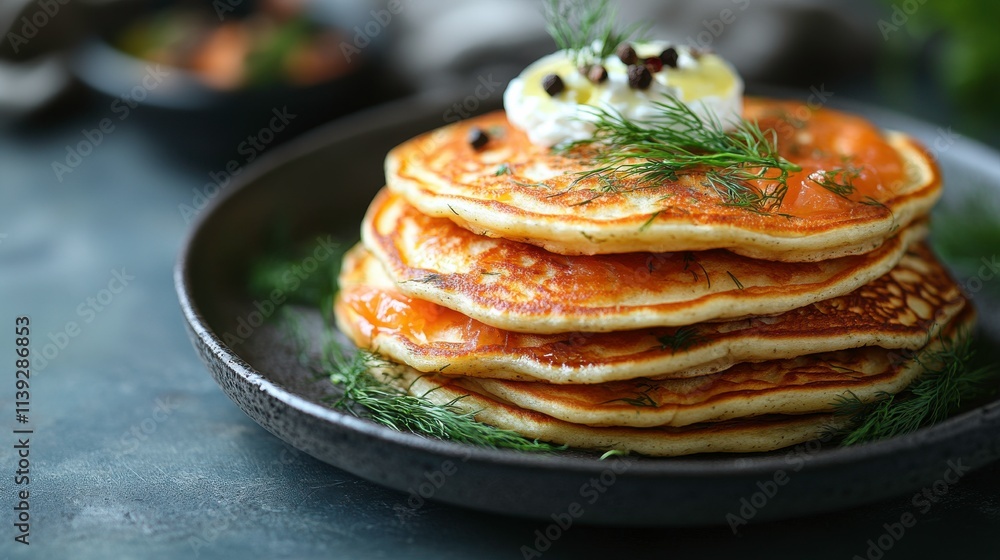 A stack of fluffy pancakes topped with cream and herbs on a dark plate. A stack of fluffy pancakes topped with cream and herbs on a dark plate.