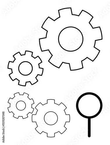 Three interlocking gears with magnifying glass, symbolizing detailed inspection and understanding of mechanical systems. Ideal for education, mechanics, engineering, technology, analysis, research