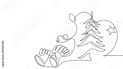 Self-drawing of Santa with gift one line. 2D animation of drawing a chocolate bar over the fireplace. 4k stock video with alpha channel for whiteboard, chalkboard, presentation High quality 4k footage