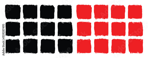 Set of black & red bundle of different ink brush strokes. Rectangle,square and round freehand drawings.Ink splatters,grungy painted lines. Artistic design elements. Vector paintbrush set.