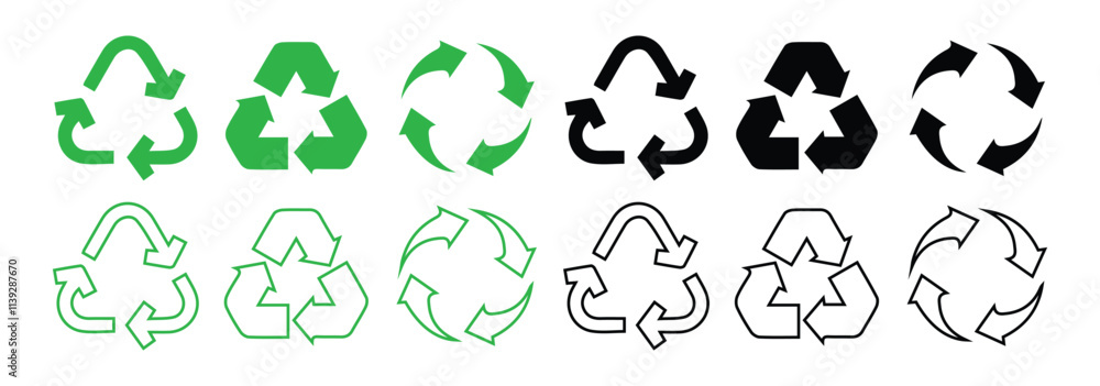 Arrows. Triangular arrows sign set. Set of green recycling symbols. Vector illustration art. Triangle loop icon set on white background. Different triangles representing circulation. Arrows. Triangular arrows sign set. Set of green recycling symbols. Vector illustration art. Triangle loop icon set on white background. Different triangles representing circulation.