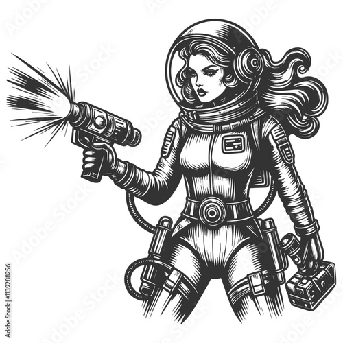 space girl holding a ray gun, wearing a futuristic spacesuit with headphones. Vintage sci-fi theme sketch engraving generative ai vector illustration. Scratch board imitation. Black and white image.