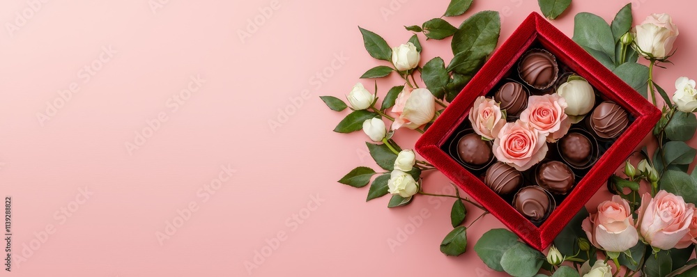 A beautifully arranged box of chocolates surrounded by roses on a soft pink background, perfect for gifting. A beautifully arranged box of chocolates surrounded by roses on a soft pink background, perfect for gifting.