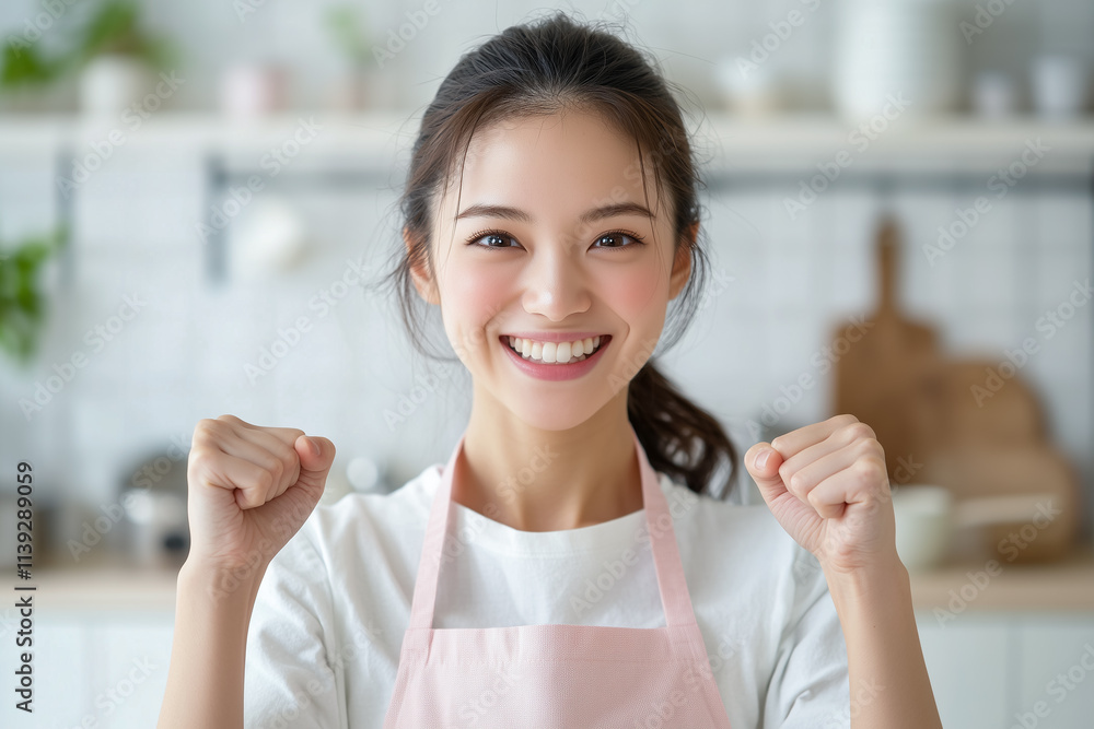 Happy young woman in casual white shirt and soft pink apron Happy young woman in casual white shirt and soft pink apron