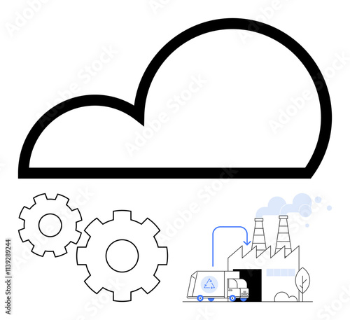 Large cloud outline, two gears, and a factory with supply truck highlight digital transformation. Ideal for industrial automation, cloud technology, logistics, manufacturing, digitalization, supply