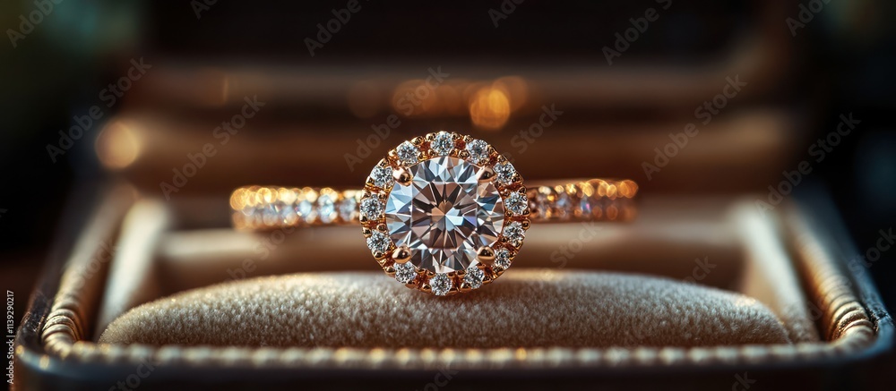 Sparkling diamond halo engagement ring in its box. Sparkling diamond halo engagement ring in its box.