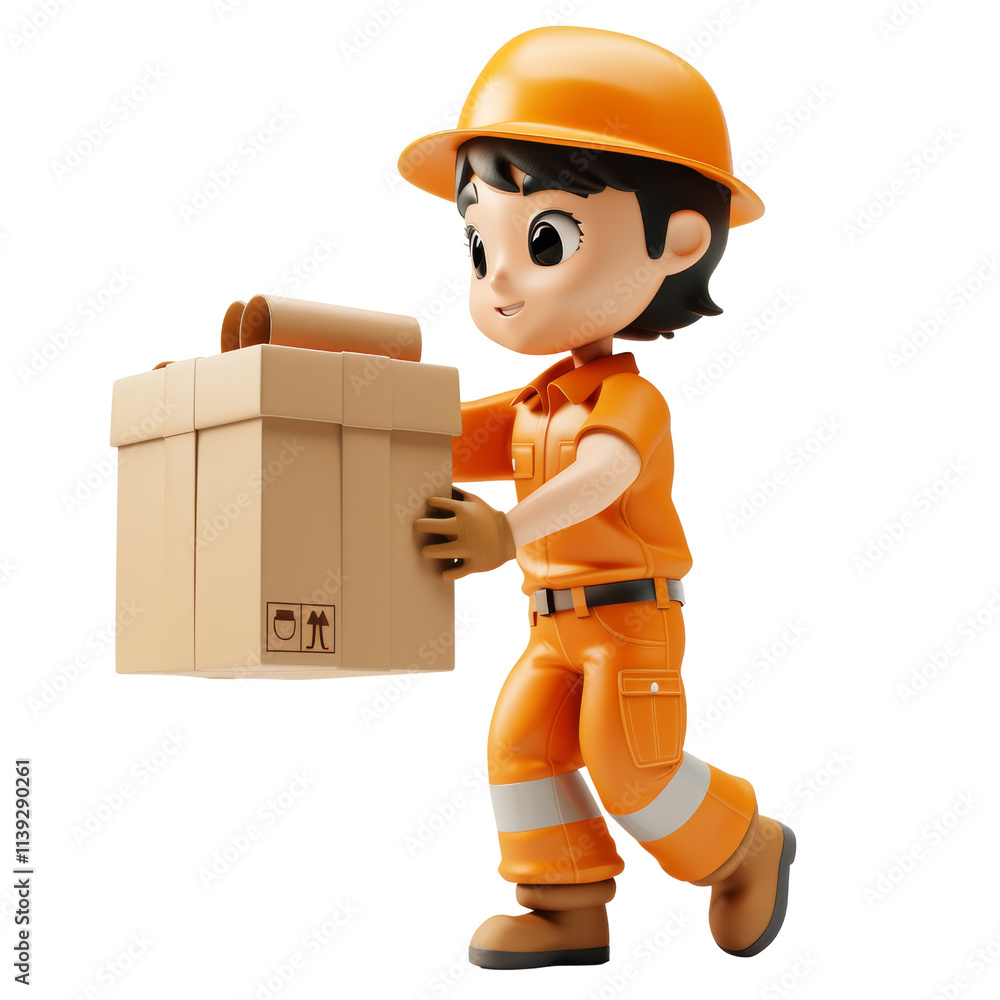 3D Illustration of a Delivery Worker in Orange Uniform Carrying a Cardboard Box for Shipping and Shopping Concept 3D Illustration of a Delivery Worker in Orange Uniform Carrying a Cardboard Box for Shipping and Shopping Concept
