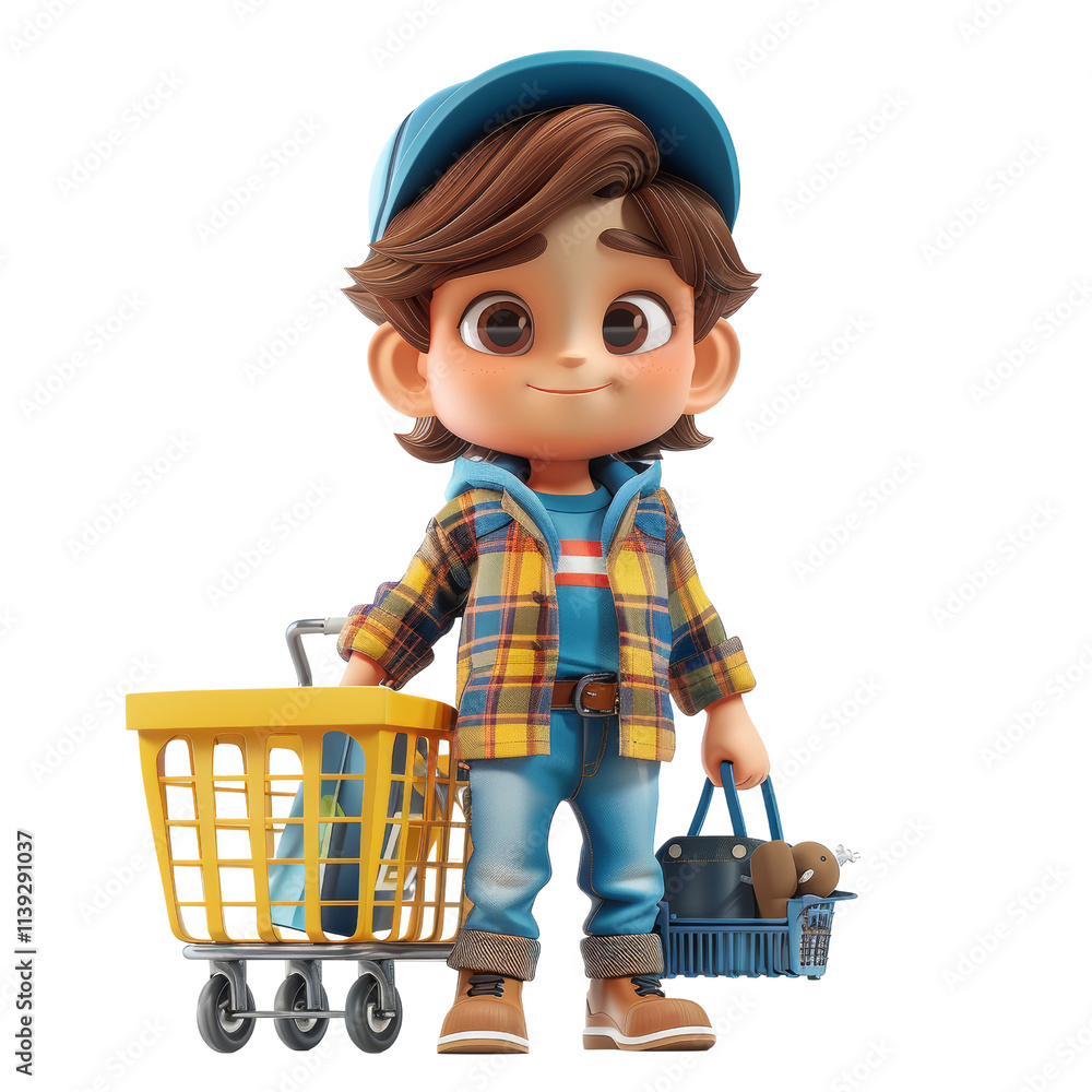 3D Rendered Character Shopping with Cart and Basket - Modern Retail and E-commerce Concept 3D Rendered Character Shopping with Cart and Basket - Modern Retail and E-commerce Concept