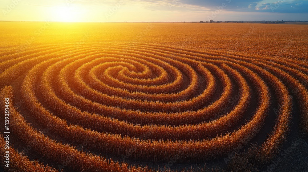 Spiral pattern in a golden field during sunset, showcasing nature's beauty and design. Spiral pattern in a golden field during sunset, showcasing nature's beauty and design.