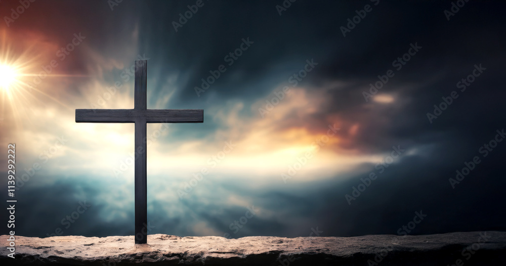 Naklejka premium cross on the hill with dramatic sky, good friday background