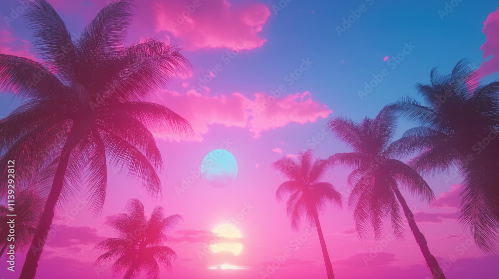 Naklejka premium Outrun Synthwave style - 1990s retro aesthetic with palm trees and tropical sunset in pink and blue
