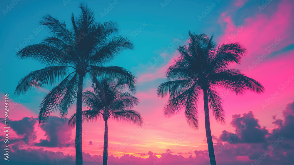 Obraz premium Outrun Synthwave style - 1990s retro aesthetic with palm trees and tropical sunset in pink and blue