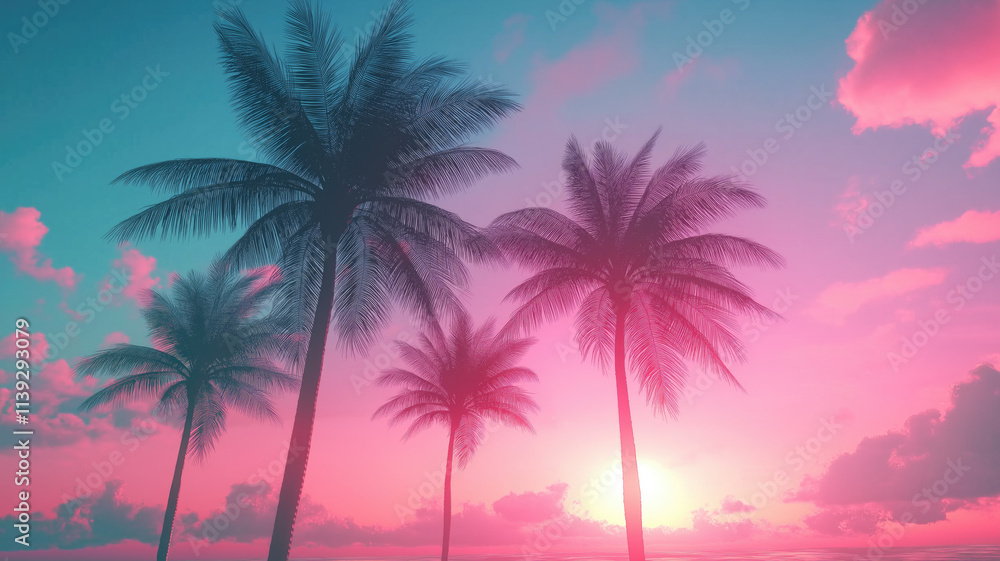 Outrun Synthwave style - 1990s retro aesthetic with palm trees and tropical sunset in pink and blue Outrun Synthwave style - 1990s retro aesthetic with palm trees and tropical sunset in pink and blue