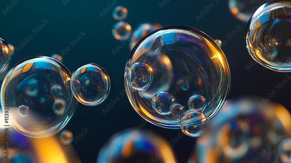 Intricate composition of iridescent bubbles forming unique shapes against soft gradient background