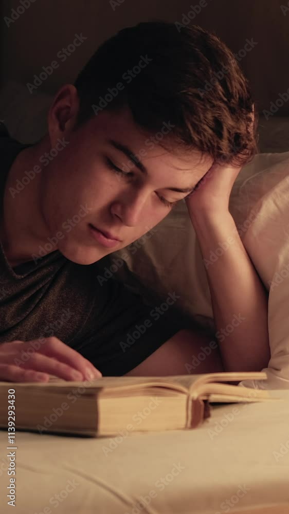 Vertical video. Night leisure. Peaceful guy enjoying reading book in bed creating peaceful cozy atmosphere in bedroom. Vertical video. Night leisure. Peaceful guy enjoying reading book in bed creating peaceful cozy atmosphere in bedroom.