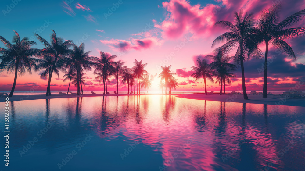 Outrun Synthwave style - 1990s retro aesthetic with palm trees and tropical sunset in pink and blue Outrun Synthwave style - 1990s retro aesthetic with palm trees and tropical sunset in pink and blue