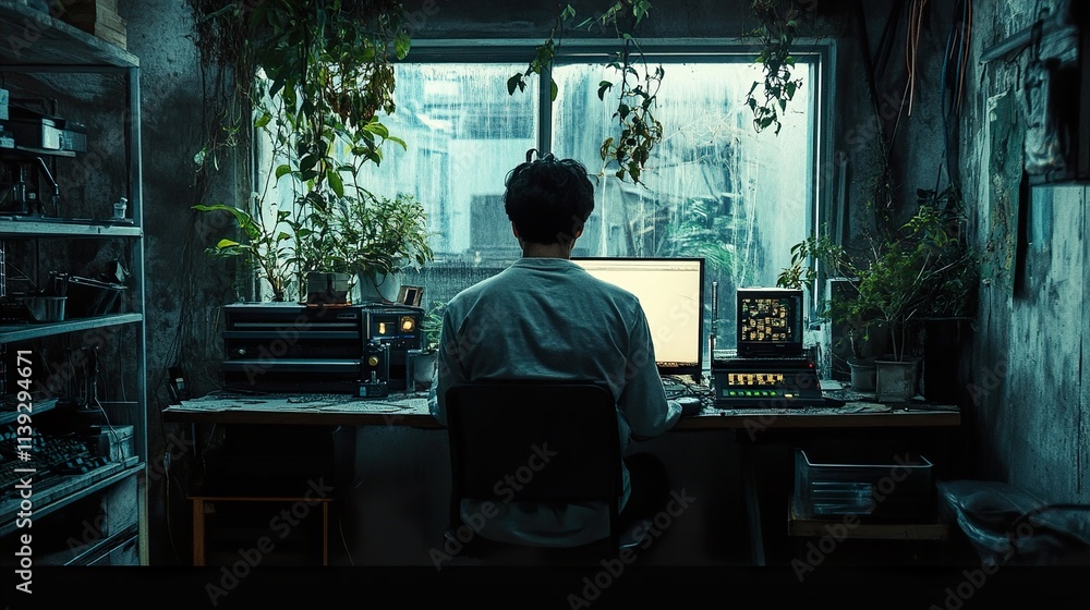 Fototapeta premium Person working on computer in a lush, indoor workspace