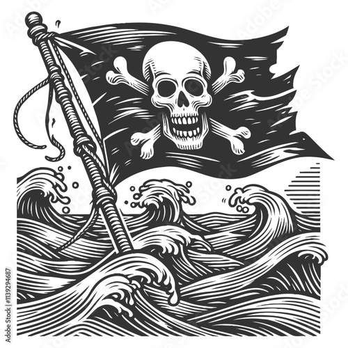 pirate flag with skull and crossbones waving over turbulent ocean waves. Stars fill the night sky sketch engraving generative ai vector illustration. Scratch board imitation. Black and white image.