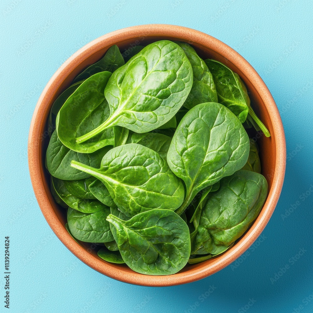 Fresh spinach leaves in bowl on blue background top view Fresh spinach leaves in bowl on blue background top view