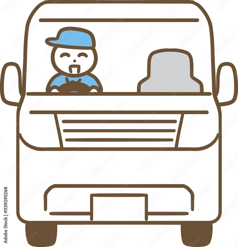 笑顔で白い車を運転する男性作業員のイラスト(正面)