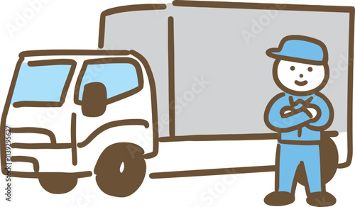 小型～中型トラックと笑顔の男性ドライバー(全身)