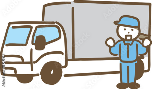 小型～中型トラックと笑顔の女性ドライバー(全身)