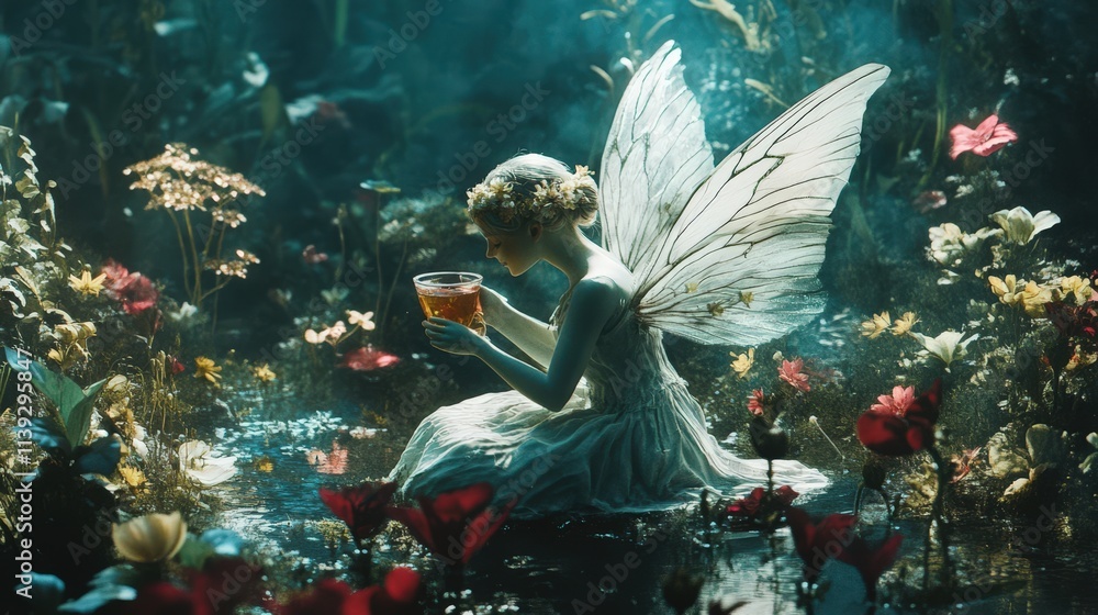Obraz premium Fairy Girl Drinks Tea Amidst Lush Floral Enchantment