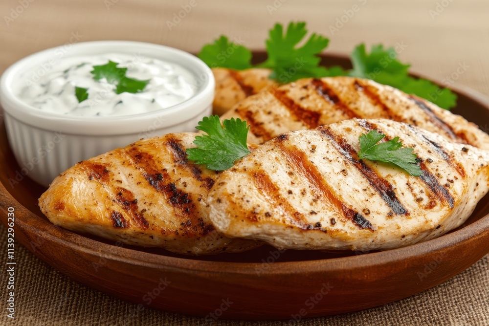 Grilled Chicken Breast with Fresh Herbs and Creamy Dip Served on a Wooden Plate, Perfect for Healthy Dining and Culinary Inspiration Grilled Chicken Breast with Fresh Herbs and Creamy Dip Served on a Wooden Plate, Perfect for Healthy Dining and Culinary Inspiration