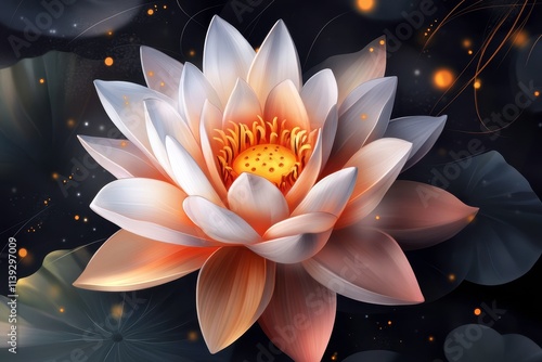 Beautifully Illustrated Lotus Flower with Delicate Petals and Vibrant Center Surrounded by Soft Light and Subtle Background Elements