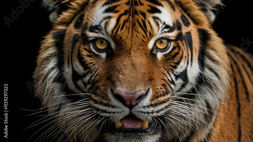 Close-up of a tiger's intense gaze. Orange and black stripes, piercing amber eyes, and prominent whiskers fill the frame against a black background. A powerful, wild predator. 