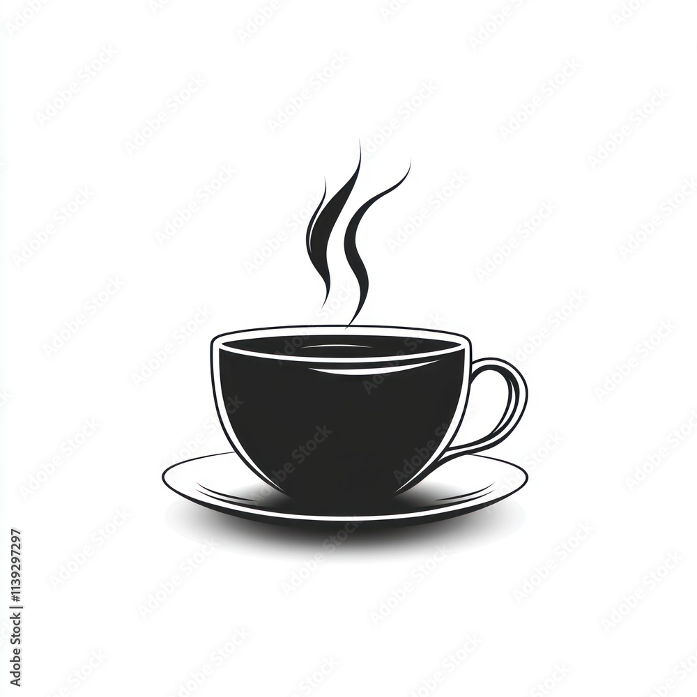 Hot coffee cup and saucer, steaming, monochrome. Hot coffee cup and saucer, steaming, monochrome.